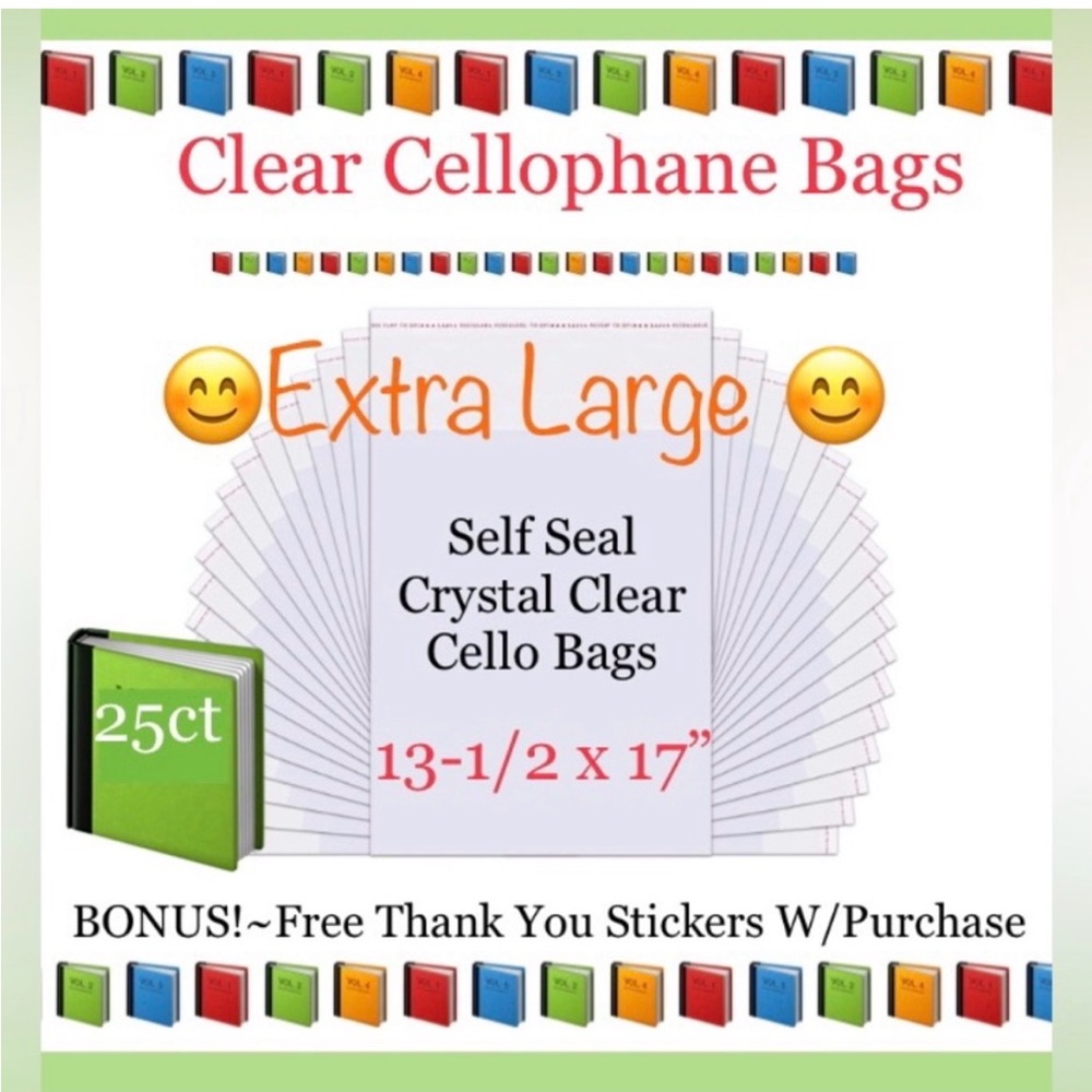 Ex-Large 25ct Clear Self Seal Cello Bags W/ Free Stickers 📕🆕📕